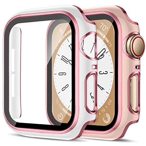 2 Stück Harte PC Hülle für Apple Watch Serie 6 5 4 SE 44mm Gehäuse mit Gehärtetem Glas,Anti-Kratz Bumper Absturzsicherung Vollständiger Schutzhülle für Apple Watch 44mm Cover，Rosa&Rosa/Weiß&Rosa von SOLOLUP