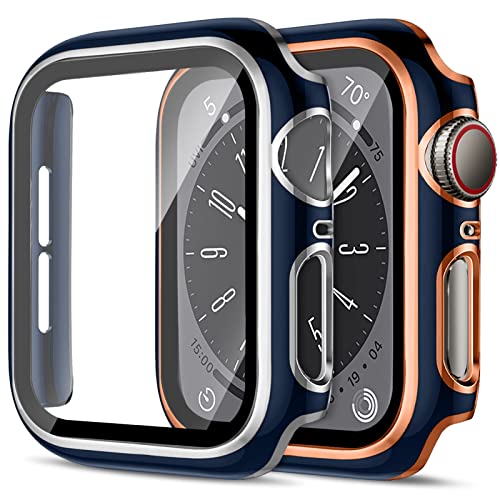 2 Stück Harte PC Hülle für Apple Watch Serie 9/Serie 8/Serie 7 45mm Gehäuse mit Gehärtetem Glas,Anti-Kratz Stürze Vollschutz Schutzhülle Bumper für Apple Watch 45mm Cover，Blau&Rosegold/Blau&Silber von SOLOLUP