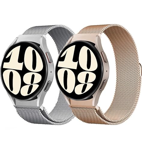 2 Stück Metall Armband für Samsung Galaxy Watch 7/6/5/4/FE 40mm 44mm/Watch 6 Classic 43mm 47mm/5 Pro 45mm/4 Classic 42mm 46mm,Keine Lücke Mesh Edelstahl Metall Magnetische Armbänder，Silber/Roségold von SOLOLUP