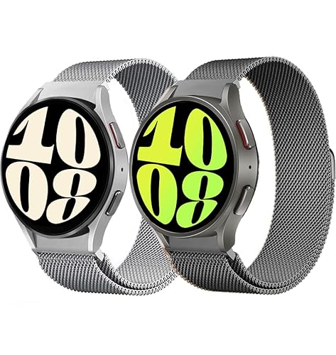 2 Stück Metall Armband für Samsung Galaxy Watch 7/6/5/4/FE 40mm 44mm/Watch 6 Classic 43mm 47mm/5 Pro 45mm/4 Classic 42mm 46mm,Keine Lücke Mesh Edelstahl Metall Magnetische Armbänder，Silber/Grau von SOLOLUP