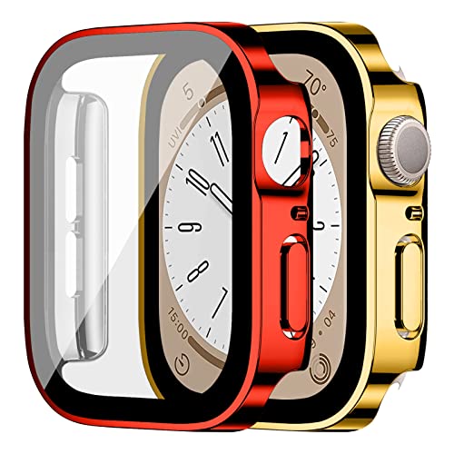 Gehäuse für Apple Watch Series 9/Series 8/Series 7 45mm, Kratzfestes und HD Clear PC Gehäuse mit Bildschirmschutz für iwatch Series 9 8 7 45mm[2 Stück], Rot + Gold von SOLOLUP