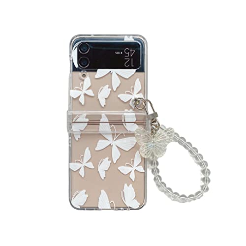 Handyhülle Samsung Galaxy Z flip 4, Durchsichtig Transparent Harter PC Slim Handytasche mit Armband Schlüsselanhänger Kreatives Muster Girly Anti-Kratzer Schutzhülle Handyhülle - Weiß Schmetterling von SONIGRA