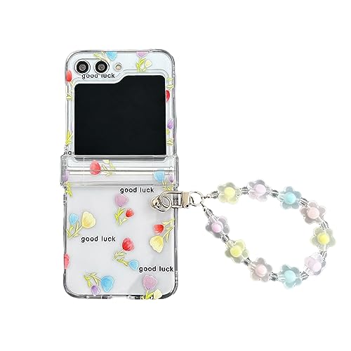 für Samsung Galaxy Z Flip 5 5G Hülle Blumen, Durchsichtig Transparent Harter PC Slim Handytasche mit Armband Schlüsselanhänger Kreatives Girly Anti-Kratzer Schutzhülle Handyhülle - Lila Gelb Blau von SONIGRA