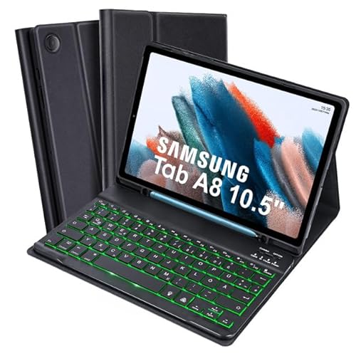 SOPPY Samsung Galaxy Tab A8 Hülle mit Tastatur, Kabellose 7-Farbige Beleuchtung Tastatur Hülle, Schutzhülle mit Stifthalter für Tab A8 10,5“ 2021 (SM-X200/X205/X207)- Deutsches QWERTZ Layout, Schwarz von SOPPY