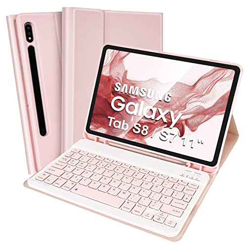 SOPPY Samsung Galaxy Tab S8 S7 Tastaturhülle, UK-Layout, schlanke Abdeckung mit abnehmbarer Tastatur für Galaxy Tab S8 (SM-X700/X706 2022), Tab S7 (SM-T870/T875/T876 2020) 11 Zoll Tablet, Rosa von SOPPY