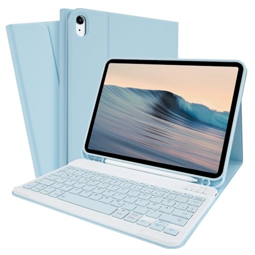 SOPPY iPad 10. Generation Tastaturhülle, Hülle mit Tastatur für iPad 10.Gen 10,9 Zoll 2022 (A2696/A2757/A2777), abnehmbare kabellose Tastaturhülle schlanke Tastaturabdeckung - Deutsches QWERTZ, Blau von SOPPY