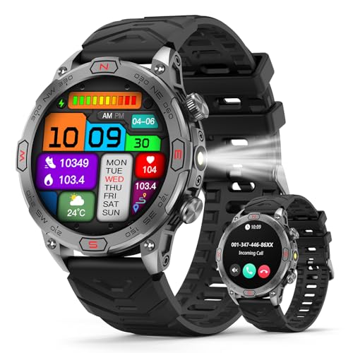 Smartwatch Herren Damen mit LED Taschenlampe, 1,43 Zoll AMOLED-Display, Outdoor Smartwatch mit Kompass/Höhen/Luftdruckfunktion, Wasserdichte Sportuhr mit Herzfrequenz-Schlafmonitor für iOS Android von SOUYIE