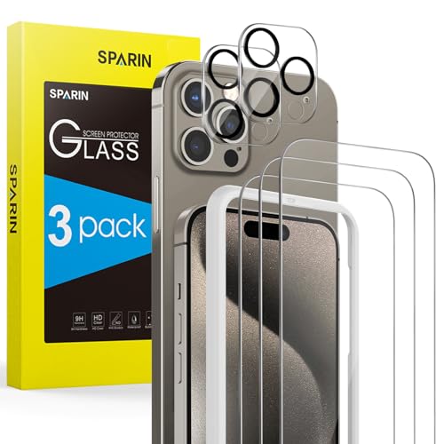 SPARIN Panzer Schutz Glas mit Rahmen-Installationshilfe,mit iPhone 15 Pro Kamera Schutzfolie,3+2 Stück,9H Härte, Anti-Kratzen, Anti-Öl, Anti-Bläschen,HD-Klar von SPARIN