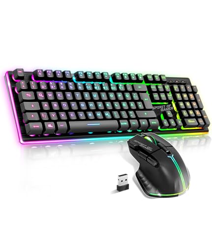 SPIRIT OF GAMER x Ultimate 600 | Gaming Tastatur Maus Set Kabellos Schwarz Wiederaufladbar RGB | DE Layout | Semi Mechanisch | Aluminiumplatte | 4800 DPI Wireless Mouse | Für PS5, PS4, PC, Xbox von SPIRIT OF GAMER