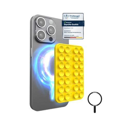 SQUIDPRO® NEO - Magnetische Saugnapfhandyhalterung, MagSafe fähig, abnehmbar, freihändig, rutschfest, starker Halt, für Selfies und Videos, kompatibel mit Allen gängigen Handys, 6x9 cm (Lemon Yellow) von SQUIDPRO