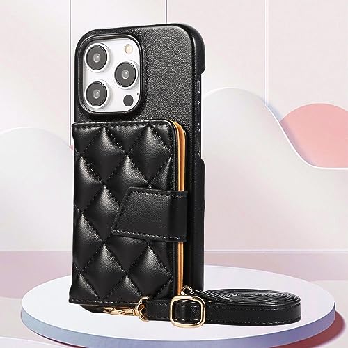 SRGDRR Crossbody Lanyard Wallet Handyhülle für iPhone 15 14 Plus 13 12 11 Pro Max mit Kartenhalter, Lederständer, stoßfeste Abdeckung, Schwarz, für iPhone 13 von SRGDRR