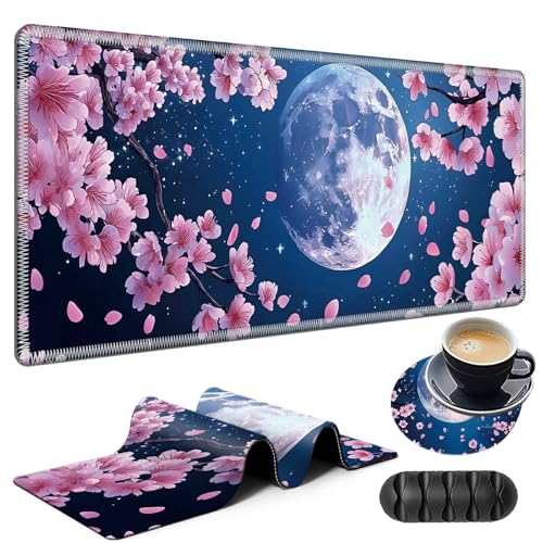 Großes Gaming-Mauspad plus Untersetzer + Kabel-Clips, Cherry Full Moon Extended Mousepad (31,5 x 11,8 cm) mit genähtem Rand, faltbare Computer-Tastatur, Desktop-Mauspad für Home Office von SROJDHFJB