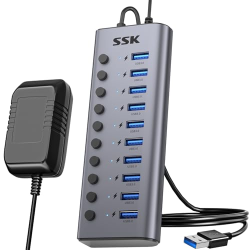 SSK 10 Port 60W USB Hub Aktiv 3.0 mit Netzteil,Aluminium 5Gbps USB 3.0 Hub,Unterstützt gleichzeitiges Laden und Datenübertragung, Powered USB 3.0 Hub mit DC12V5A Adapter 3.93ft Kabel von SSK