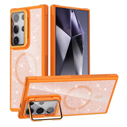 Glitzer Hülle für Samsung Galaxy S24 Ultra/S24 Plus/S24, Magnetisch Durchsichtig Handyhülle mit Faltbar Objektiv Ständer Stoßfeste Schutzhülle,Orange,S24 von SSLQYLEE