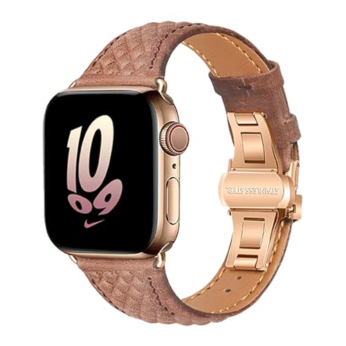 Kompatibel mit Apple Watch-Armband 49mm 45mm 44mm 42mm 41mm 40mm 38mm, echtes Leder, Schmetterlingsschnalle, Ersatzarmband für iWatch Ultra 1 2 Serie 9 8 7 6 5 SE 4 3 2 1 von SSLQYLEE