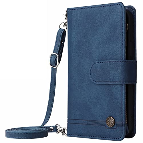 SSLQYLEE Brieftaschen-Hülle für iPhone 15 Pro, Premium-Lederhülle mit 9 Kartenfächern, Ständer, magnetischer Klapp-Telefonhülle mit Umhängeband, Crossbody-Kette (iPhone 15 Pro, Blau) von SSLQYLEE