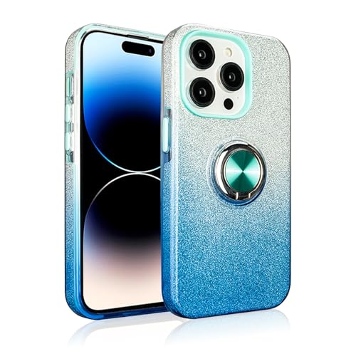 SSLQYLEE Glitzer Hülle für iPhone 15 Pro Max/15 Pro/15 Plus/15, Dünne Verlauf Stoßfeste Schutzhülle Ringständer Handyhülle für Frau,Blau,15 Pro Max 6.7'' von SSLQYLEE