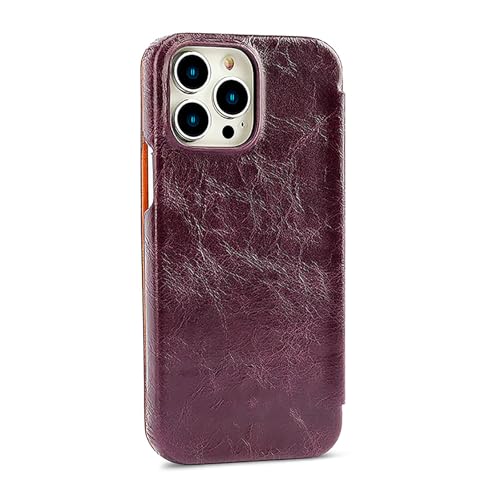 SSLQYLEE Hülle Für iPhone 15Pro Max/15 Pro/15 Plus/15, Flip Echtes Leder Schutzhülle Dünnes Retro Sturzfestigkeit Handytasche,Lila,15 Plus von SSLQYLEE