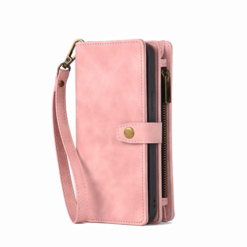 SSLQYLEE Hülle für iPhone 14/14 Pro/14 Plus/14 Pro Max,14 Kartenfäche Retro Leder Stoßfest Case mit Handschlaufe Reißverschluss Magnetic Wallet,Rosa,14 Plus 6.7'' von SSLQYLEE