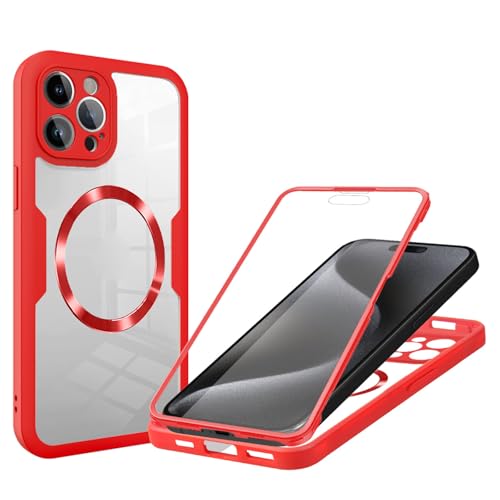 SSLQYLEE Magnetisch Hülle für iPhone 15 Pro Max/15 Pro/15 Plus/15, RundumSchutz Stoßfeste Hülle Beidseitig Transparent Handyhülle,Rot,15 Pro 6.1'' von SSLQYLEE