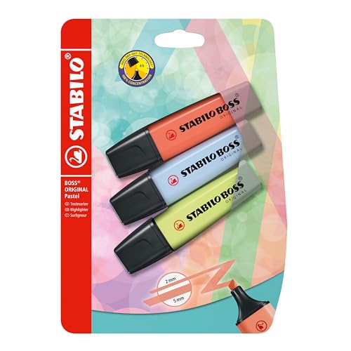 Textmarker - STABILO BOSS ORIGINAL Pastel - 3er Pack - Korallrot, Wolkenblau, Prise von Limette von STABILO