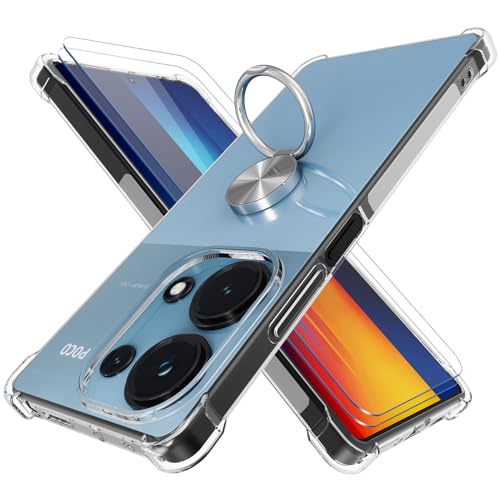 STARRYNOVA Hülle Ringhalter Kompatibel mit Xiaomi Poco M6 Pro 4G / Redmi Note 13 Pro 4G, Crystal Clear Handyhülle Silikon Vier Ecken Anti-Fall TPU Case 360 Grad Ständer Schutzhülle - Silberner Ring von STARRYNOVA