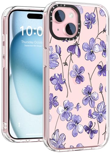 STARVIP Schutzhülle für iPhone 14 mit niedlichen Blumen-Designs für Frauen und Mädchen, kabelloses Laden, transparente Hartschale aus Acryl mit weichem TPU-Stoßdämpfer, Schutzhülle, violette Blüten von STARVIP