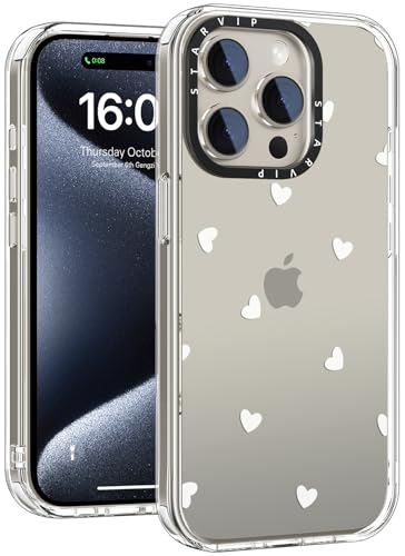 STARVIP Schutzhülle für iPhone 15 Pro Max mit niedlichen Blumen-Designs für Frauen und Mädchen, kabelloses Laden, transparente Acrylschale mit weichem TPU-Stoßdämpfer, schützende Handyhülle, Herzen von STARVIP