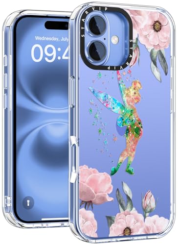 STARVIP Schutzhülle für iPhone 16 Plus mit niedlichen Blumen-Designs für Frauen und Mädchen, kabelloses Laden, transparente Hartschale aus Acryl mit weichem TPU-Stoßdämpfer, Schutzhülle, Fee und von STARVIP