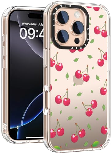 STARVIP Schutzhülle für iPhone 16 Pro Max mit niedlichen Blumen-Designs für Frauen und Mädchen, kabelloses Laden, klare Hartschale mit weichem TPU-Stoßdämpfer, Schutzhülle, Kirsche von STARVIP