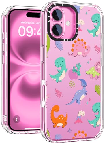 STARVIP Schutzhülle für iPhone 16 mit niedlichen Blumen-Designs für Frauen und Mädchen, kabelloses Laden, transparente Hartschale aus Acryl mit weichem TPU-Stoßdämpfer, Schutzhülle, bunter Dinosaurier von STARVIP