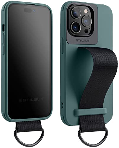 STILGUT Case kompatibel mit iPhone 14 Pro (6.1“) Handyhülle mit Fingerhalterung, TPU Case mit Handschlaufe aus Nylon, Cover mit Strap, Grün von STILGUT