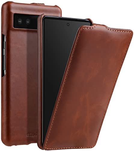 STILGUT UltraSlim kompatibel mit Google Pixel 6a Hülle - Pixel 6a Flip Case aus Leder, Klapphülle, Handyhülle, Lederhülle - Cognac von STILGUT