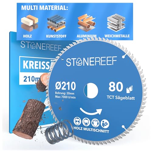 STONE REEF Sägeblatt 210x30 - Kreissägeblatt [inkl. Adapter auf Bohrung 20 &16mm], kompatibel mit Winkelschleifer von Bosch, Makita usw. - Sägeblatt Kreissäge Nagelfest - für Holz, Metall & Alu von STONE REEF