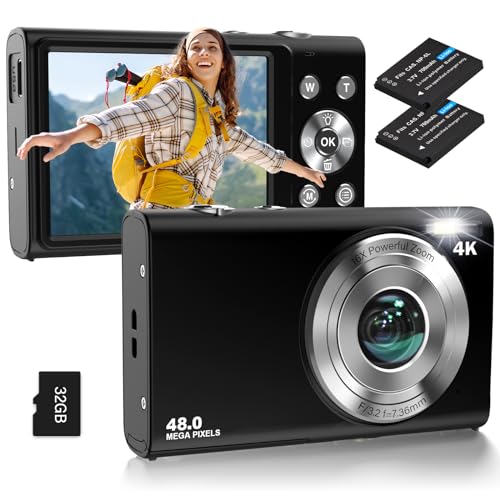 Digitalkamera, 4K Autofokus Fotoapparat Fotokamera mit 32G SD Karte HD 48MP mit 2.8" großem Bildschirm, 16X Digitalzoom, Kompaktkamera Tragbare Mini Kamera für Erwachsene, Anfänger (schwarz) von STUOGYUM