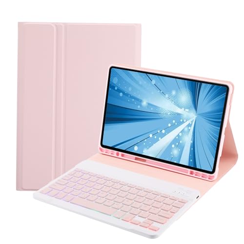 SUEEWE Tastatur Hülle für iPad Pro 11" 2024 (M4 5. Generation), TPU Rückseite Hülle mit 3 Bereich 7 Farbe Beleuchtete Abnehmbarer QWERTZ Tastatur, Rosa von SUEEWE