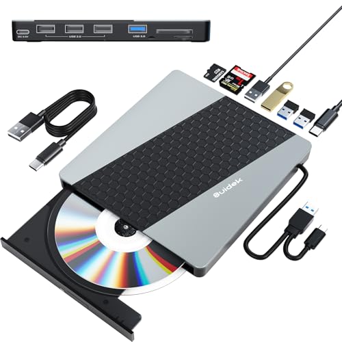 SUIDEK Externes CD/DVD-Laufwerk, USB 3.0 USB C, tragbarer CD-DVD-+/-RW-Brenner, DVD-Player für Laptop mit SD-/Micro-SD-Kartenleser, 8-in-1-Hub, kompatibel mit Laptop, Desktop, Mac, PC, Windows, Linux von SUIDEK