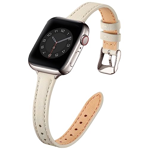 Lederarmband Kompatibel mit Apple Watch Armband 42mm(Serie 10) 41mm 40mm 38mm,Damen Echtes dünnes Ersatzband,Schlank Armbänder für iwatch Serie 10/9/8/7/6/5/4/3/2/1,SE(Elfenbein Weiß&Polarstern) von SUNFWR