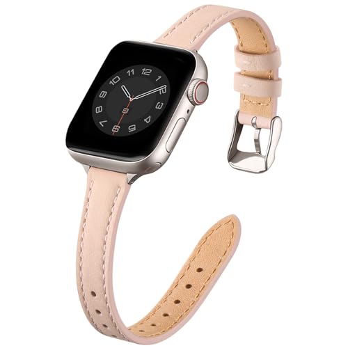 Lederarmband Kompatibel mit Apple Watch Armband 42mm(Serie 10) 41mm 40mm 38mm,Damen Echtes dünnes Ersatzband,Schlank Armbänder für iwatch Serie 10/9/8/7/6/5/4/3/2/1,SE(Rosa Sand&Polarstern) von SUNFWR