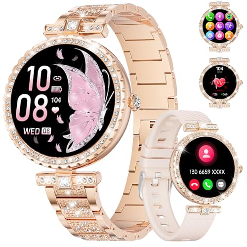 Damen Smartwatch 1.19" AMOLED Always-on Display Bluetooth Anrufe Smart Watch Damen für Android iOS 100+Sport Rund Damen Smartwatch Rosegold Edelstahl Diamant Smart Watch Herzfrequenz Schlaf Monitor von SUNKTA