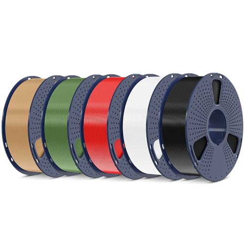 SUNLU 5KG PLA Plus 3D Druckerfilament, PLA+ Filament 1.75mm, Robustes 3D Filament, Kompatibel mit 3D Druckern, 1kg Spule (2.2 Pfund), insgesamt 5kg, Schwarz+Weiß+Holz+Olivgrün+Rot von SUNLU