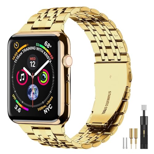 SUPLINK Edelstahlband Kompatibel mit Apple Watch 45mm 44mm 42mm 41mm 40mm 38mm, Metall Ersatzarmband für iWatch Bänder Serie 8 7 6 5 4 3 2 1 SE, Gold von SUPLINK