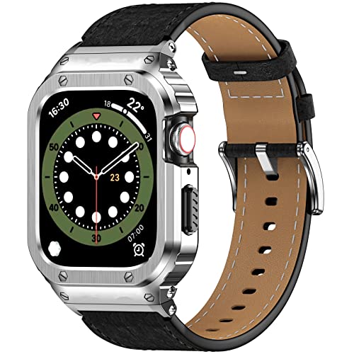 SUPLINK Metallgehäuse mit Lederarmband Kompatibel mit Apple Watch Armbändern 44mm,Robuste Edelstahl Schutzhülle Bumper Echtes Lederarmband für iWatch Serie 6/5/4/SE für Herren(Schwarz/Silber,44mm)… von SUPLINK