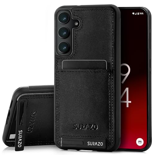 SURAZO Echtleder Back Case für Samsung Galaxy S24 FE Hülle – Stoßfestes Leder Handyhülle Cover [Kartenfach, Standfunktion, Schlüsselanhänger] Handgefertigt in EU Bumper Rückseite Schutzhülle Schwarz von SURAZO