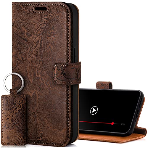 SURAZO Handyhülle für Xiaomi Redmi Note 12 Pro Plus 5G Hülle Leder – Klappbare Echtleder Schutzhülle [Magnet, Kartenfach, RFID Schutz, Blumenmuster] Klapphülle Wallet Case Cover Lederhülle (Braun) von SURAZO