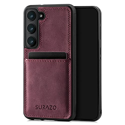 SURAZO Premium Echtleder Back case für Samsung Galaxy S23 Hülle – Stoßfestes Leder Handyhülle Cover mit [Kartenfach, Schlüsselanhänger] Vintage Slim Bumper Schutzhülle (Burgund) von SURAZO