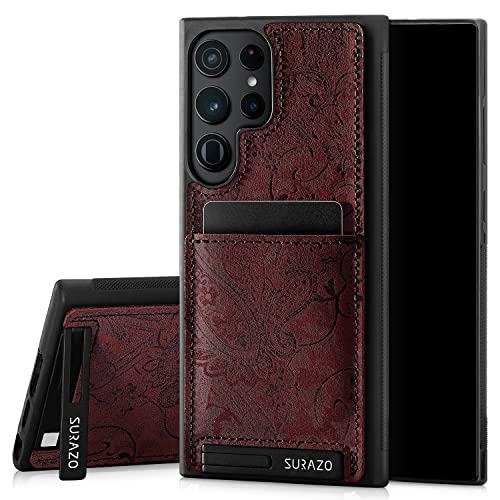 SURAZO Premium Echtleder Back case für Samsung Galaxy S23 Ultra Hülle – Stoßfestes Leder Handyhülle Cover [Kartenfach, Standfunktion, Schlüsselring] Floral Slim Bumper Schutzhülle (Ornament Burgund) von SURAZO