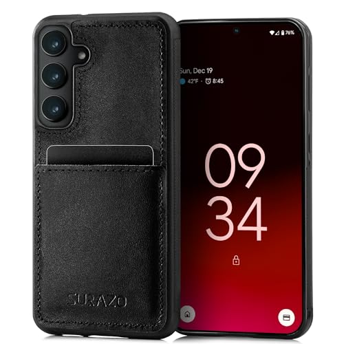 SURAZO Premium Echtleder Back case für Samsung Galaxy S24 Hülle – Stoßfestes Leder Handyhülle Cover mit [Kartenfach, Schlüsselanhänger] Vintage Slim Bumper Schutzhülle (Schwarz) von SURAZO