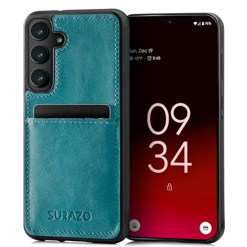 SURAZO Premium Echtleder Back case für Samsung Galaxy S24 Hülle – Stoßfestes Leder Handyhülle Cover mit [Kartenfach, Schlüsselanhänger] Vintage Slim Bumper Schutzhülle (Türkis) von SURAZO