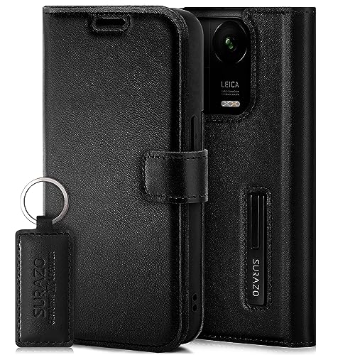 SURAZO Premium Handyhülle für Xiaomi 14 Pro 5G Hülle Leder – Klappbare Echtleder Schutzhülle [Magnet, Kartenfach, RFID Schutz, Standfunktion] Klapphülle Wallet Case Cover Lederhülle (Schwarz) von SURAZO